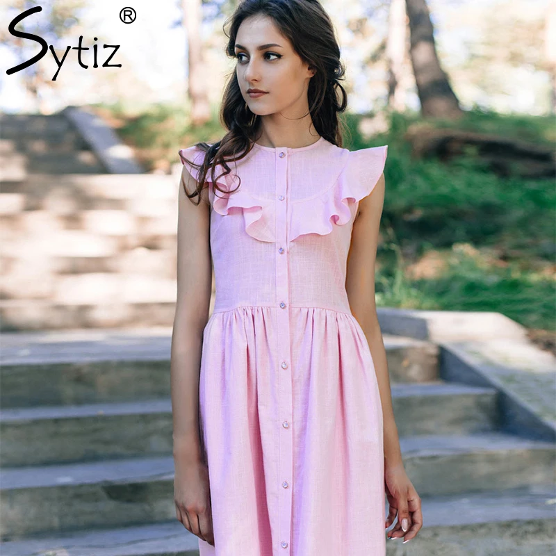 Sytiz Pink Sweet Ruffles Dress Women 2018 Spring Summer Casual Sleeveless Button Vestidos Mid-Calf Sexy A-Line Dresses | Женская одежда
