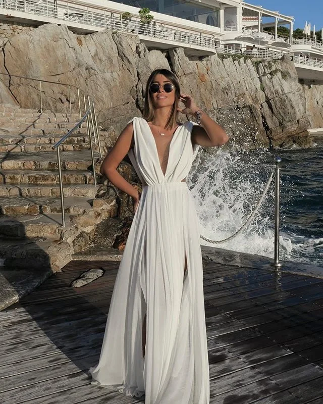 Модные однотонные богемные макси платья для женщин с v образным вырезом офисные