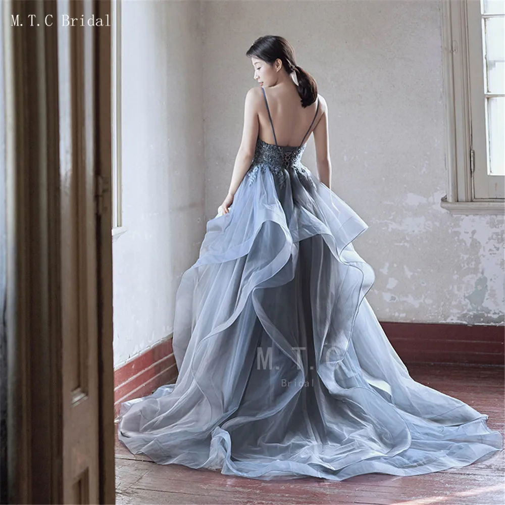 

Wonderful Grey Tulle Backless Evening Dress 2019 Tiered A Line Sweep Train Spaghetti Strap Long Occasion Women Gown Custom Made