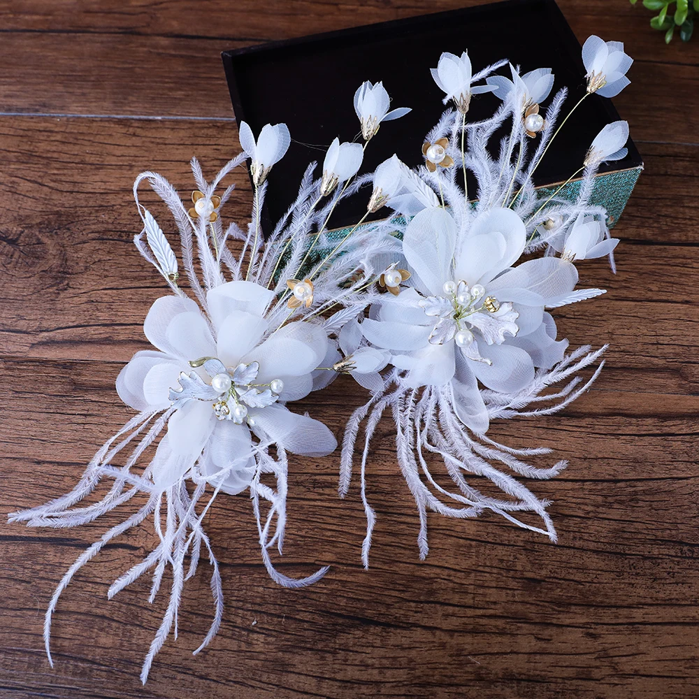 Одна пара искусственных цветов заколки перья для волос белые свадебный головной