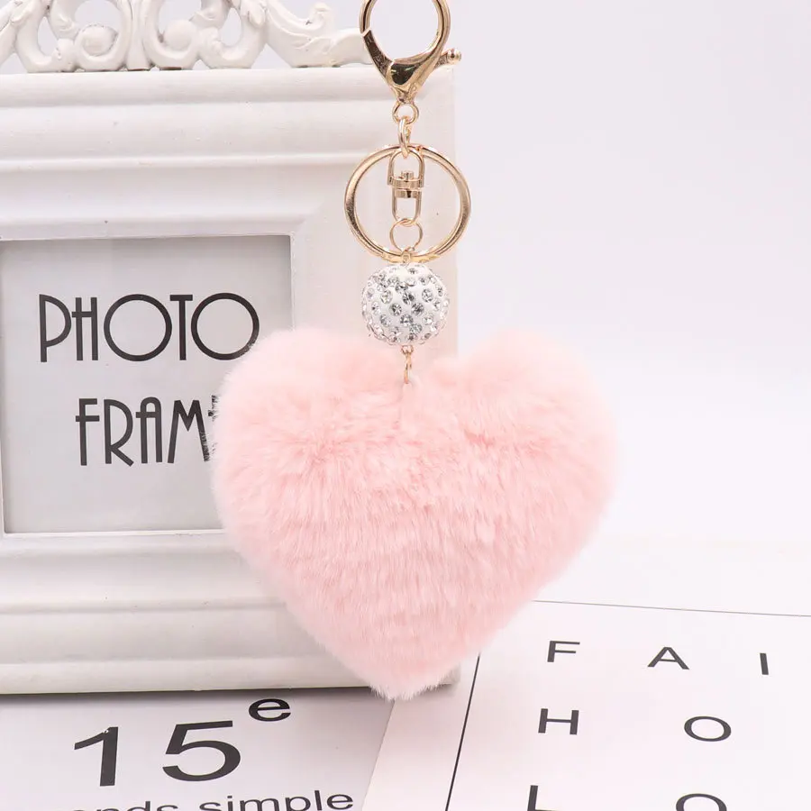 Light Pink Милые брелоки в виде сердца, женские помпоны из искусственного меха кролика Рекс, брелок для ключей, сумка для девочек, брелок для ключей в виде автомобиля, подвеска Llaveros - Цвет: Light Pink