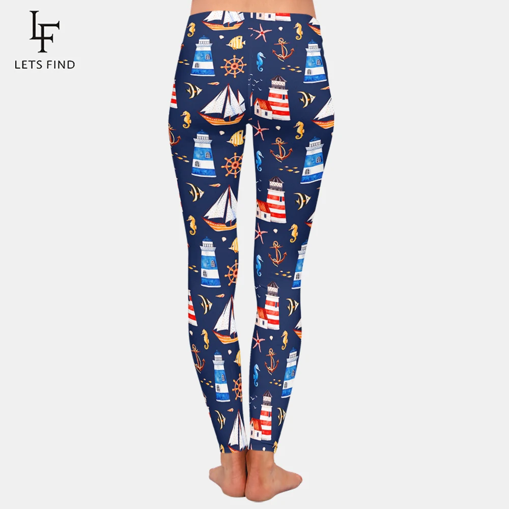 

New Fashion Soft Sexy Women Leggings Boat Lighthouse Rudder Printed Legging Plus Size Fitness Pants Elastic Push Up Leggings