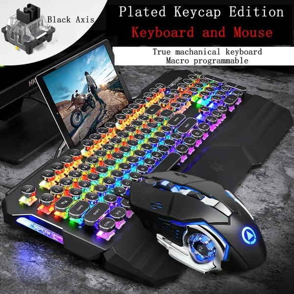 K and M Black Axis YINDIAO Esport Ретро круглая клавиатура Проводная Смешанная подсветка Механическая игровая клавиатура мышь и гарнитура моделирование водяного охлаждения - Цвет: K and M Black Axis
