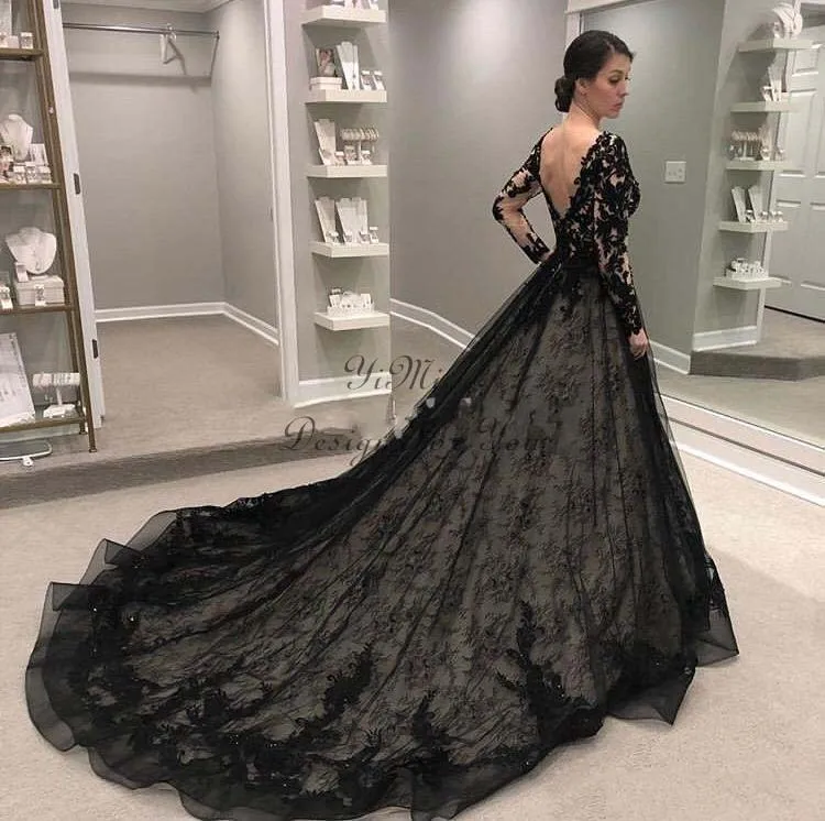 

Black Wedding Dresses 2019 Long Sleeve V Neck Backless Sweep Train Lace Illusion Bodice Garden Country Chapel Bridal Gown
