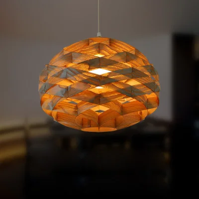 

Southeast Asia Style E27 LED Natural Wood Veneer Winding Birdcage Shape Pendant Light with PP Cord Hanging Lamp for Cafe Bar