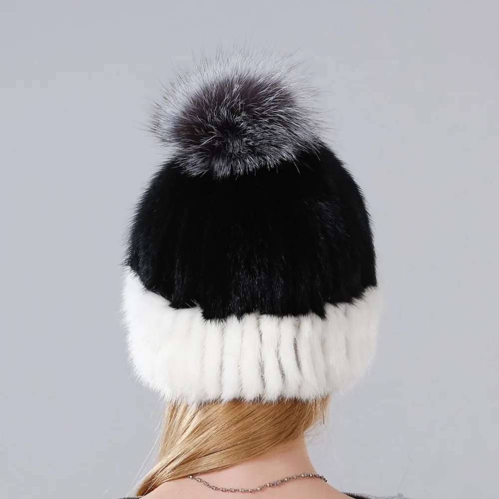 

Warm Winter Thick Earmuffs Fur Cap Real Natural Mink Fur Hat For Women With Fox Fur Ball On The Top Two Colors Can Be Choosed