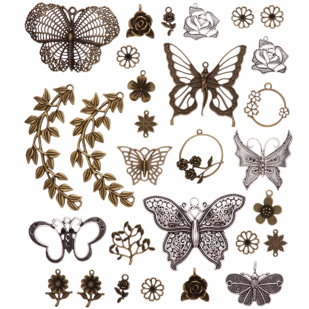 1set Vintage Mixed Silver Antique Bronze Charms Butterfly Flower Leaf Charm Pendants for DIY Jewelry Making Accessories #263743 |