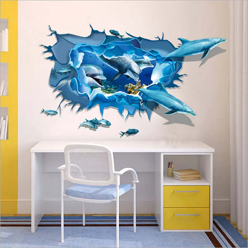 1X kawaii 3D Stereoscopic dolphin Kids Rooms Living Room Sofa Bedroom Stickers Background Wall art Home Decor Vinyl Sticker | Дом и сад