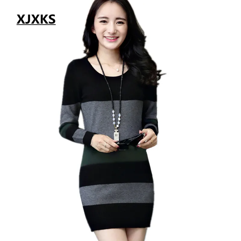 Женский кашемировый свитер XJXKS Длинный Облегающий с длинными рукавами и круглым