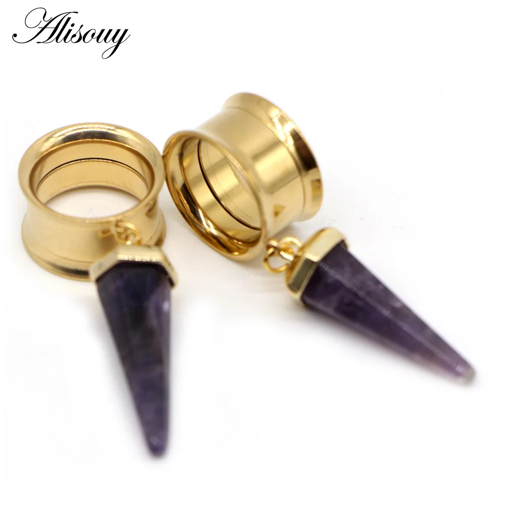 EM0844D Gold Purple Alisouy 2 шт хирургическая сталь опал Фиолетовый Камень ушной разъем туннельный расширитель диаметры для ушей конус внутренняя нить пирсинг украшения для тела - Окраска металла: EM0844D Gold Purple