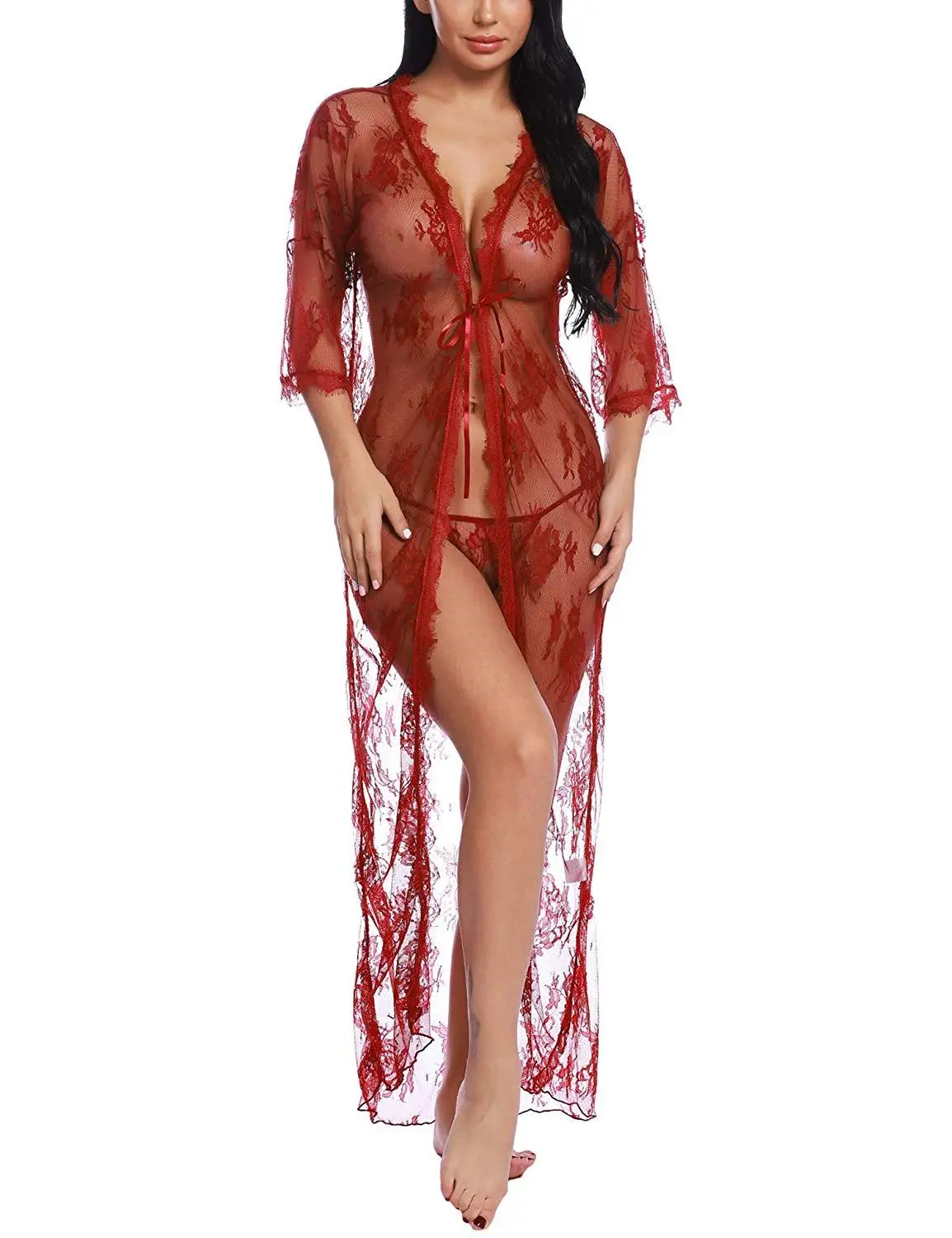 Женское нижнее белье, сексуальное кружевное длинное платье-халат, Babydoll, нижнее белье, стринги