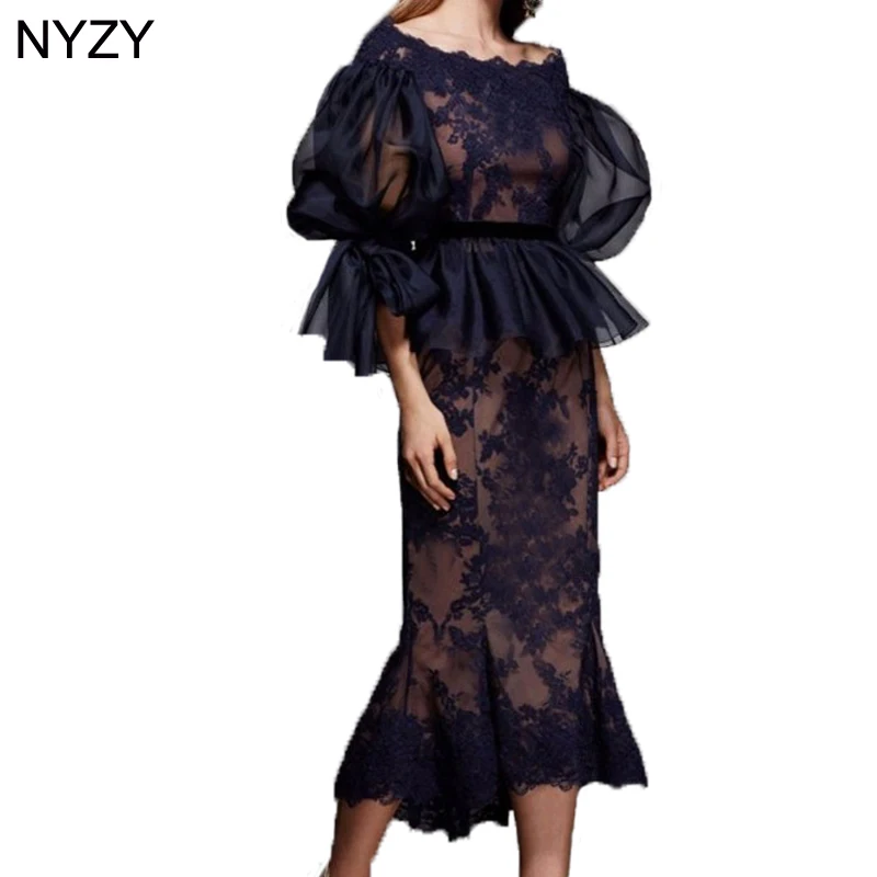 NYZY M4 Elegant Dress Party Robe Vestido Formal Dress Tea Length Lace Appliques Navy Nude Mother of the Bride Groom Dresses 2019