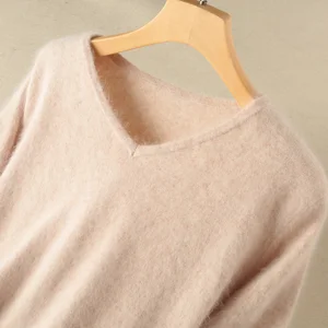 Супер теплая, мягкая и пушистая меховая v-образным вырезом свитер кашемир с норкой и пуловеры для женщин осень-зима женские брендовые джемпер