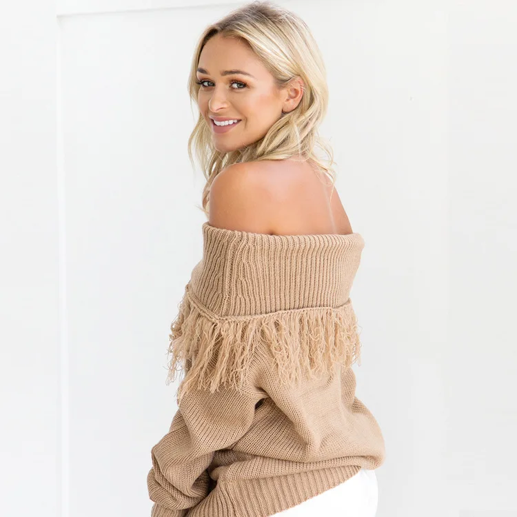 Off Shoulder Women Sweaters Pullovers Jersey Autumn Winter Oversized Knitted Sweater Long Sleeve Jumper Runway Tassel | Женская одежда