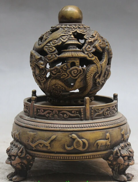 SCY 7&quot Chinese Bronze Dragon Play Bead Animal Lion Head Beast Rotate FengShui Ball S0706 | Statues &amp Sculptures