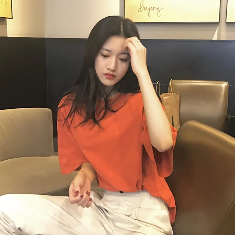 Short-sleeve T-shirt women 2019 summer new simple solid color round neck pullover student Korean version thin tide | Женская одежда
