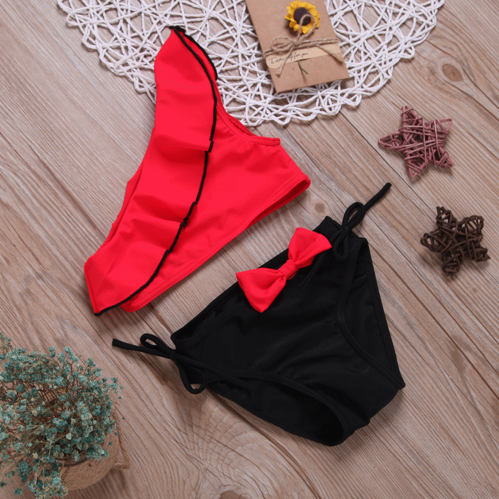 

Cute Kids Baby Girls One Two Pieces Bikini Set Off-shoulder Bow Beachwear Swimming Bathing Suit 1TM-7T Mini Swimwear Swimsuit