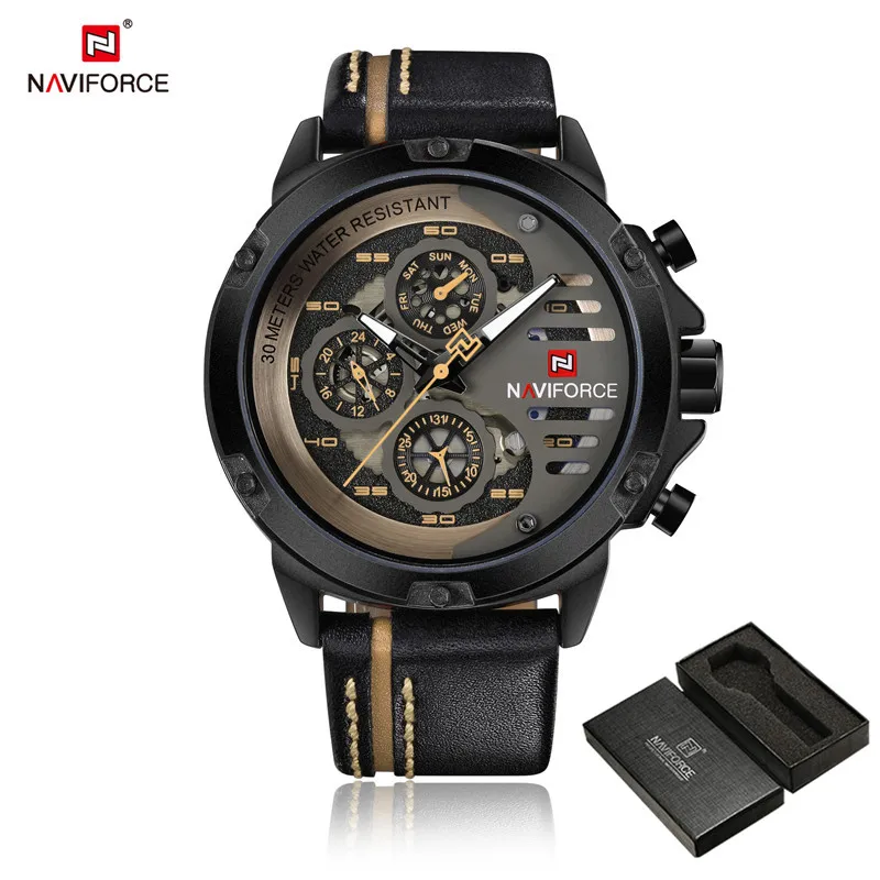 NA911003 with box NAVIFORCE мужские часы с датой и неделей, спортивные мужские часы, Топ бренд, Роскошные военные армейские бизнес часы из натуральной кожи, кварцевые мужские часы 9110 - Цвет: NA911003 with box