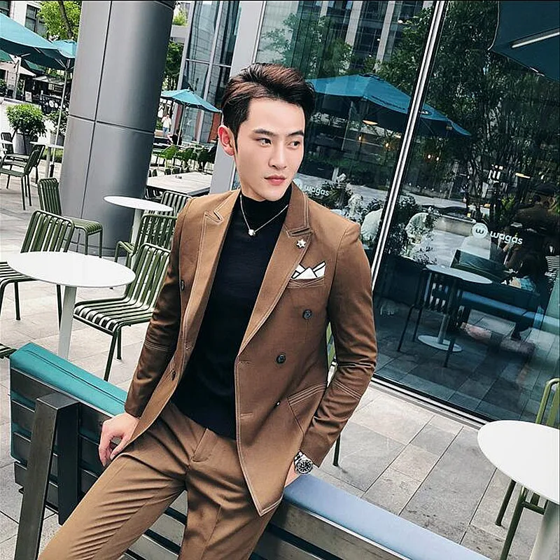 (Пиджак + брюки) коричневый черный костюм Homme двубортный приталенный для свадьбы