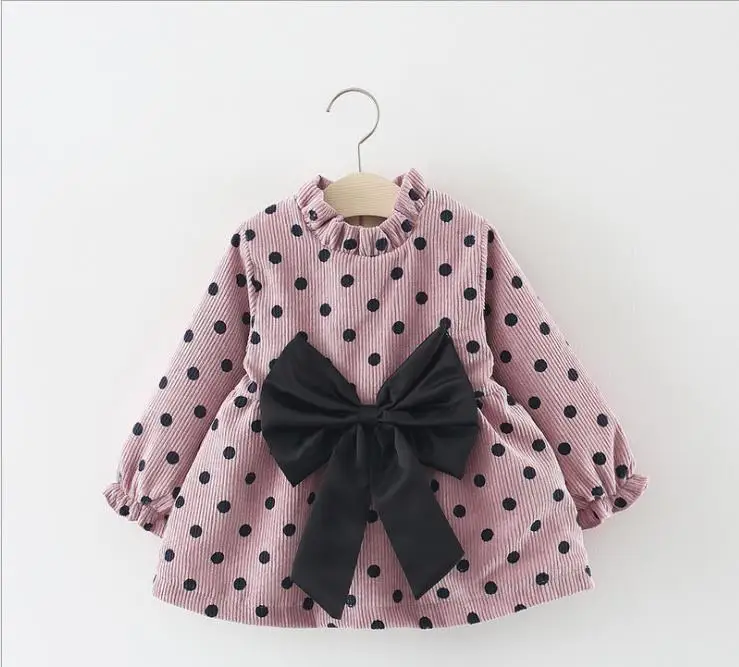 Autumn and winter new girls long-sleeved dress waist bow polka dot female baby cute A-shaped | Детская одежда и обувь