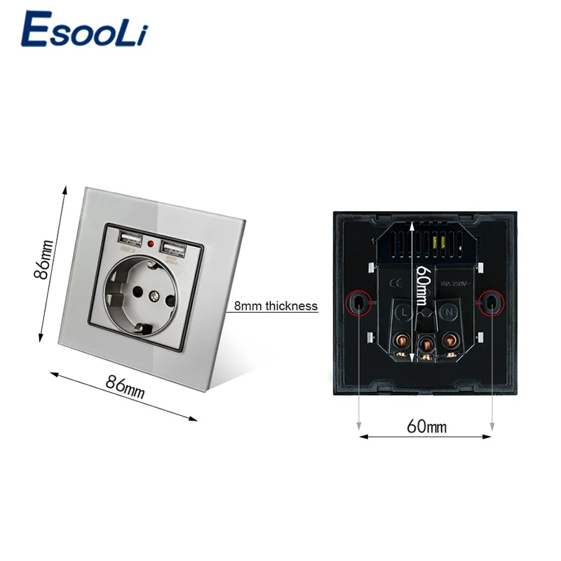 Розетка настенная Esooli с двойным USB-портом для зарядки 2 1 А 16 прозрачная стеклянная