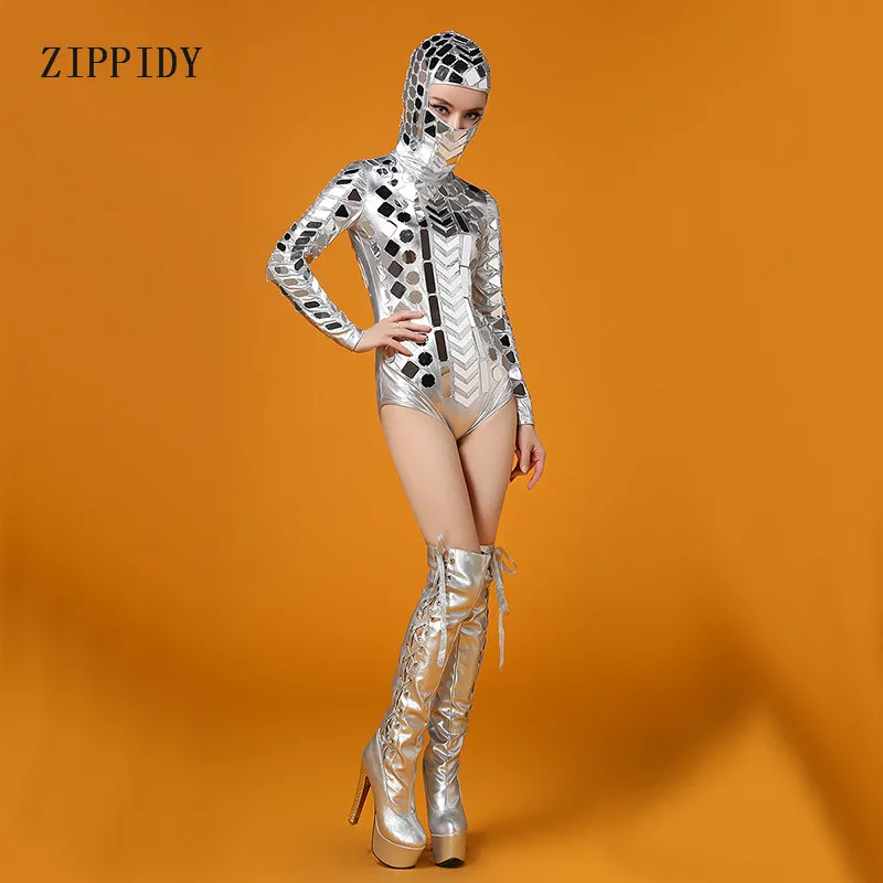 Silver Mirrors Bodysuit Head Piece Outfit Costume Bar Party Female Singer Dancer Ds DJ Performance Sexy Leotard Stage Show Wear