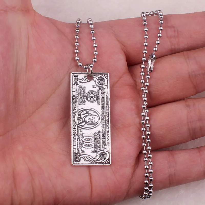 antique silver color stainless steel beads chain one hundred dollars necklaces men hiphop rock streetwear women di022 | Украшения и
