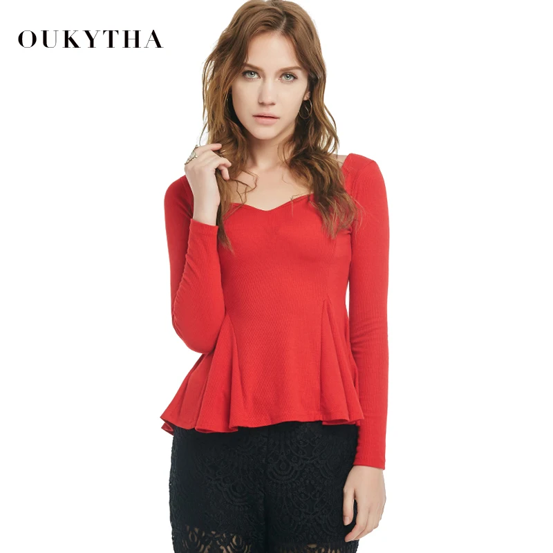 Oukytha осень 2017 г. новые пикантные Топы корректирующие Bodycon хлопок Длинные рукава v