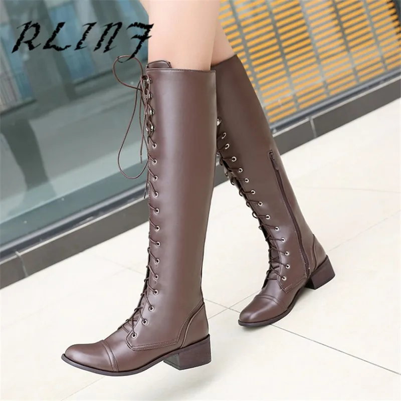 RLINF/Новинка Однотонные модные ботинки с высоким голенищем и ремешком на низком