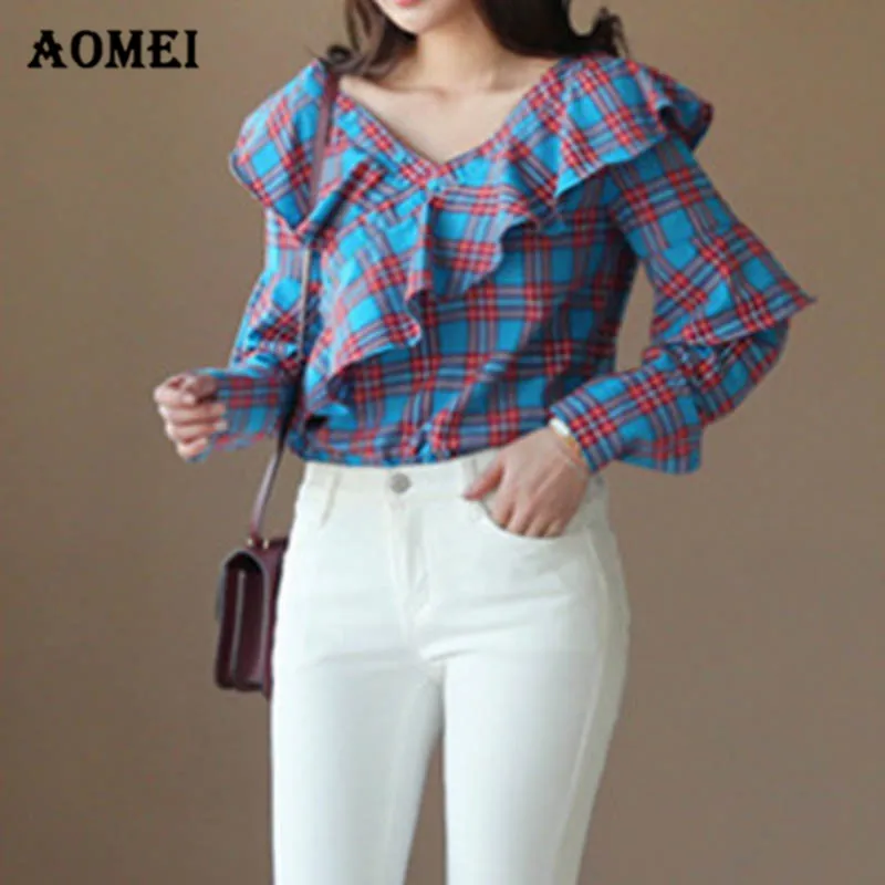 Summer Blouse Shirt Fashion Tops with Ruffles Button up Blusas Casual Girls Plaid Gingham Elegant Ladies Women Clothing |