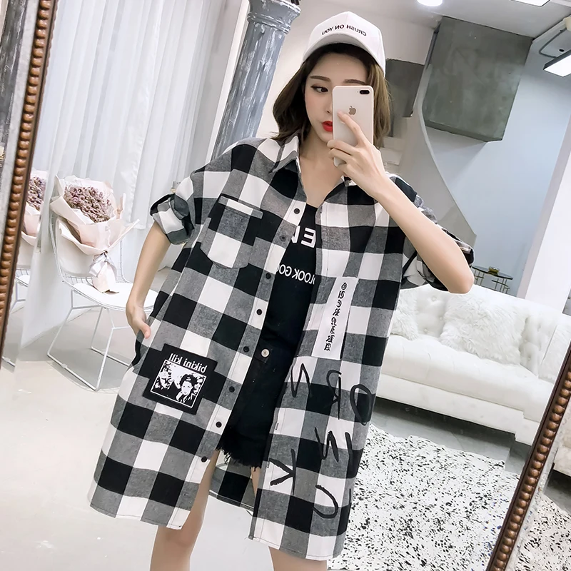 

Outerwear New Spring 2020 Street Checker Long Loose Leisure Student Letter Shirt Girl