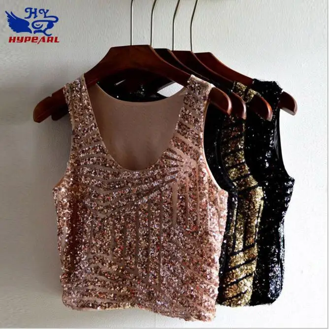 

Hot Sale Cheap Women Tank Top Summer Vest Black Gold Sequin Crop Top Sexy Nightclub Costume Clothing