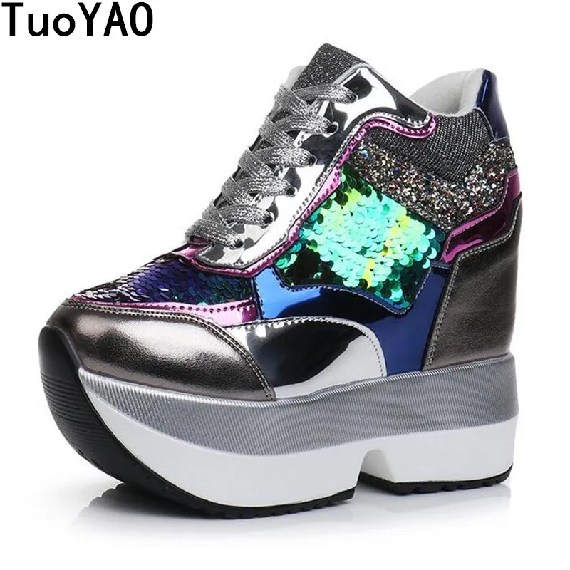 

Women High Platform Shoes Breathable Sequins Shoes New 2022 Fashion Women Height Increased 12 CM Thick Sole Trainers Sneakers