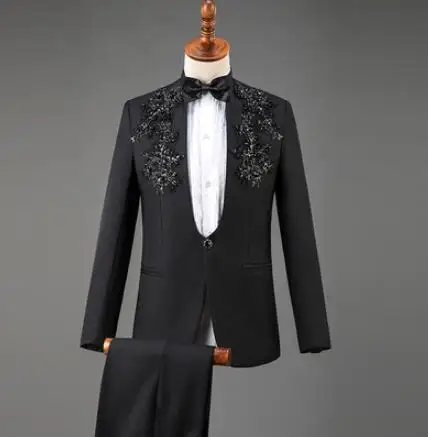 

Embroidery chorus Sequin Blazer men groom suit set with pants mens wedding suits singer star style stage clothing formal dress