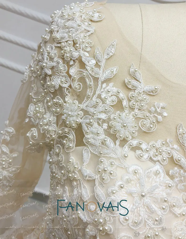 Champagne Wedding Dresses Long Sleeves Ball Gown Vintage Lace Gowns Vestido De Novia Plus Size Robe Mariee Pearls | Свадьбы и