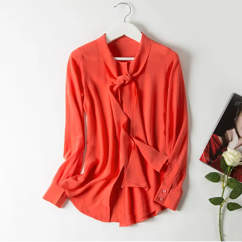 Женская шелковая блузка с длинным рукавом и бантом размеры XS S M L XL|silk blouse women|silk