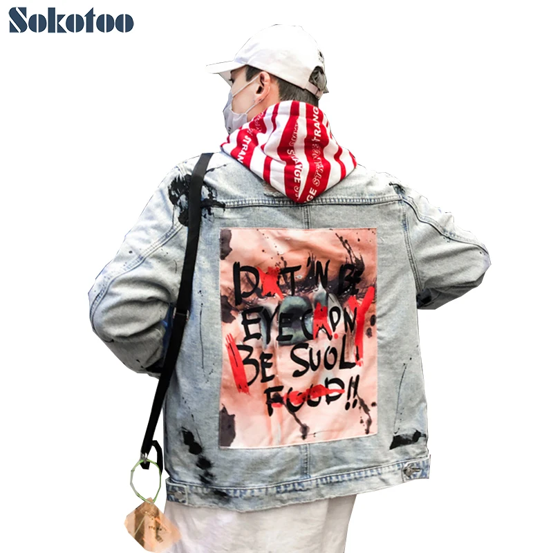 Мужская джинсовая куртка в пятнах краски Sokotoo, уличная одежда из рваного денима составного кроя с рисунком в стиле «Хип-хоп» с вышивкой и буквенным принтом