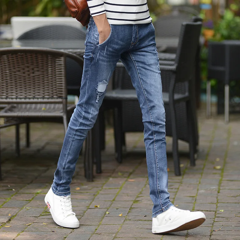 

Fall 2020 feet pants cultivate one's morality men's jeans stretch tight hole patch cowboy pants teenagers