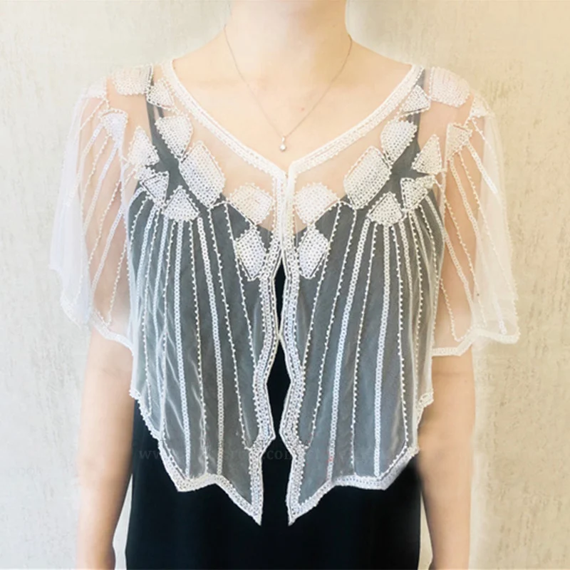 white shawl Женская винтажная накидка с блестками и бусинами, вечернее платье, женская Пляжная накидка, Солнцезащитная Короткая шаль, пальто, лето, 20 s - Цвет: white shawl