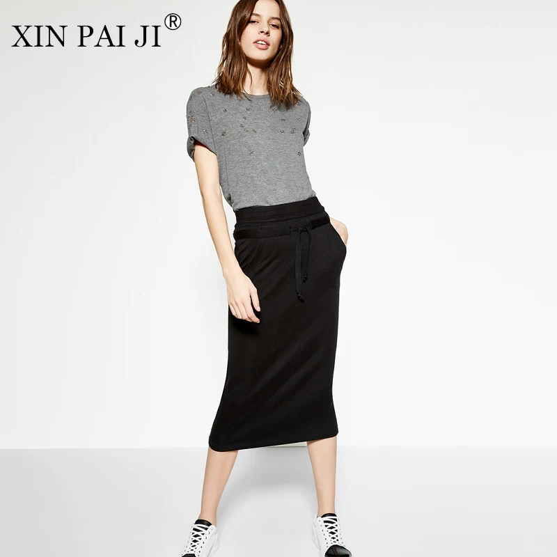 Xin Pai Ji/длинные Для женщин юбка черный элегантный Юбки для Повседневная обувь