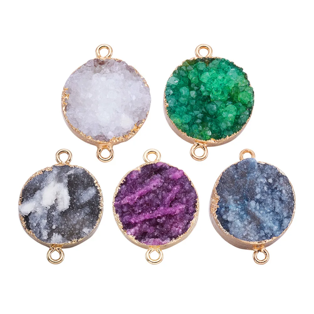 

5 Pcs 30~40x20~30x8~17mm Plated Natural Druzy Agate Links with KC Gold Color Plated Brass Findings Hole: 2mm