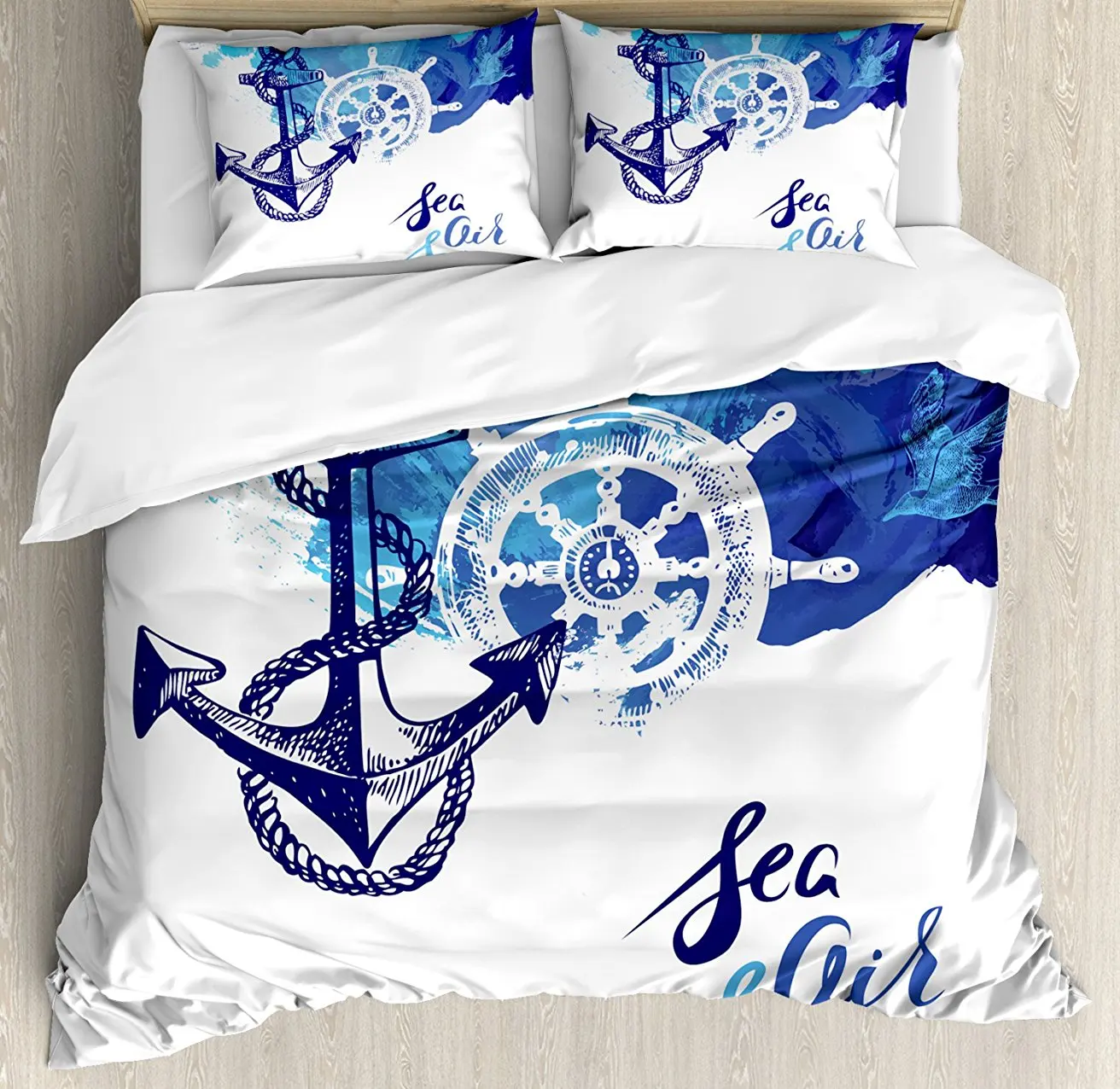 

Nautical Decor Duvet Cover Set Vivid Ocean Back with Paint Effects with Wind Rose and Rudder Cruise Image 4 Piece Bedding Set