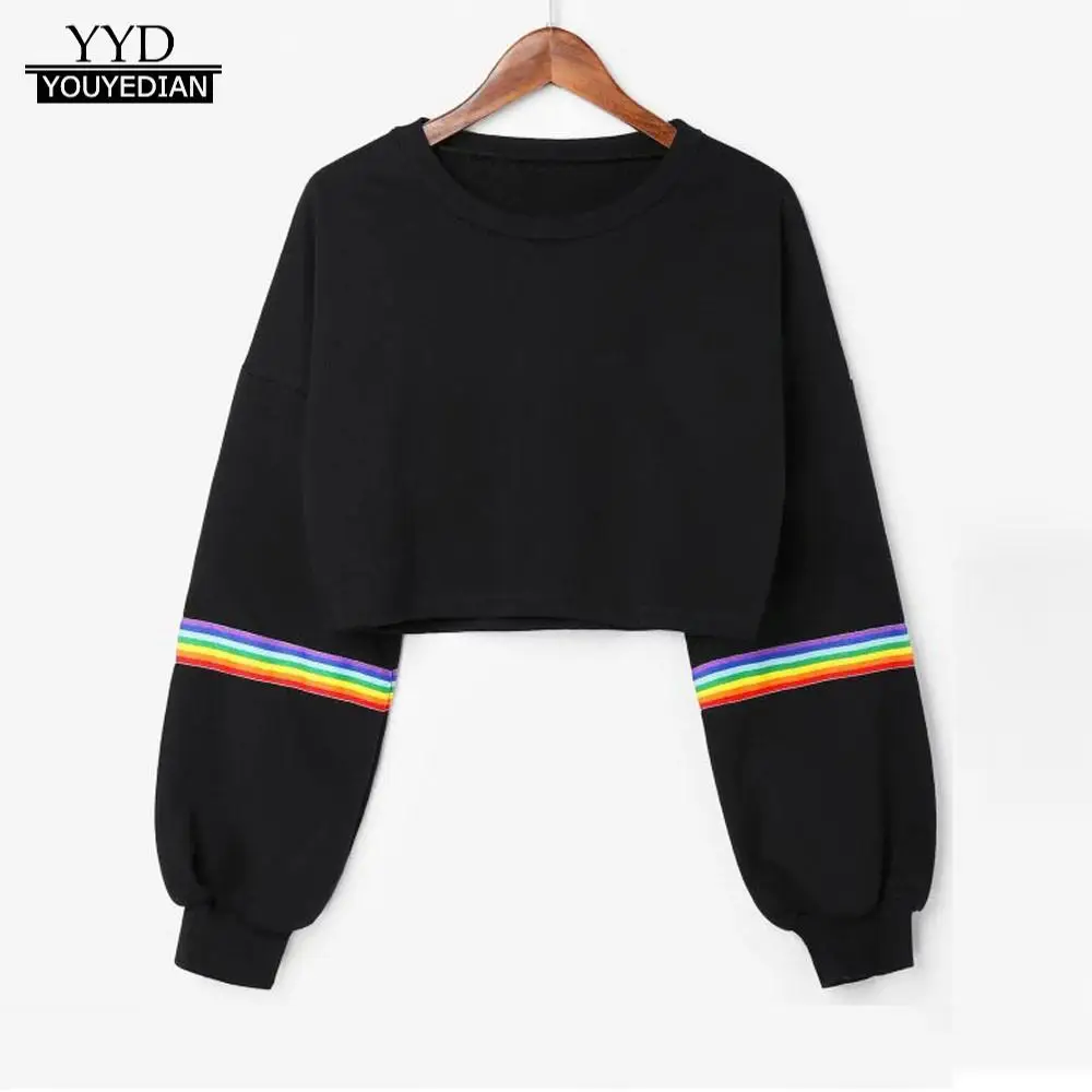 Женский Укороченный свитшот в полоску Moletom Rainbow черный пуловер с длинным рукавом