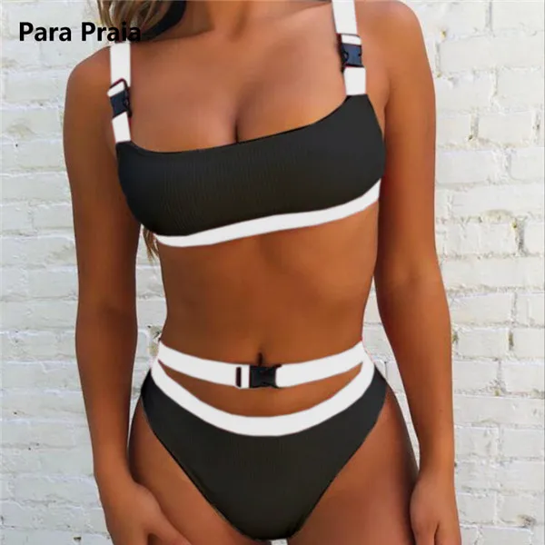 Halter Bandeau Swimwear Belt Buckle Bikini Set Women Swimsuit Sport Sexy Bathing Suit High Cut Swimwear Thong Swim Wear - Color: black white