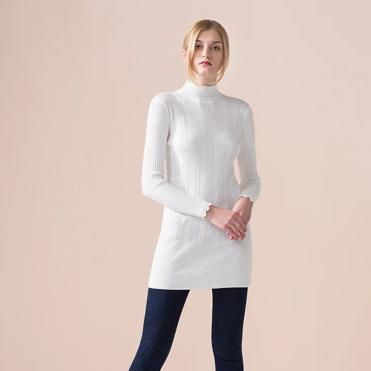 Autum/Winter Women Long Sweater Sleeve Turtleneck Bodycon Pullovers Vestidos Knitting White Pink | Женская одежда