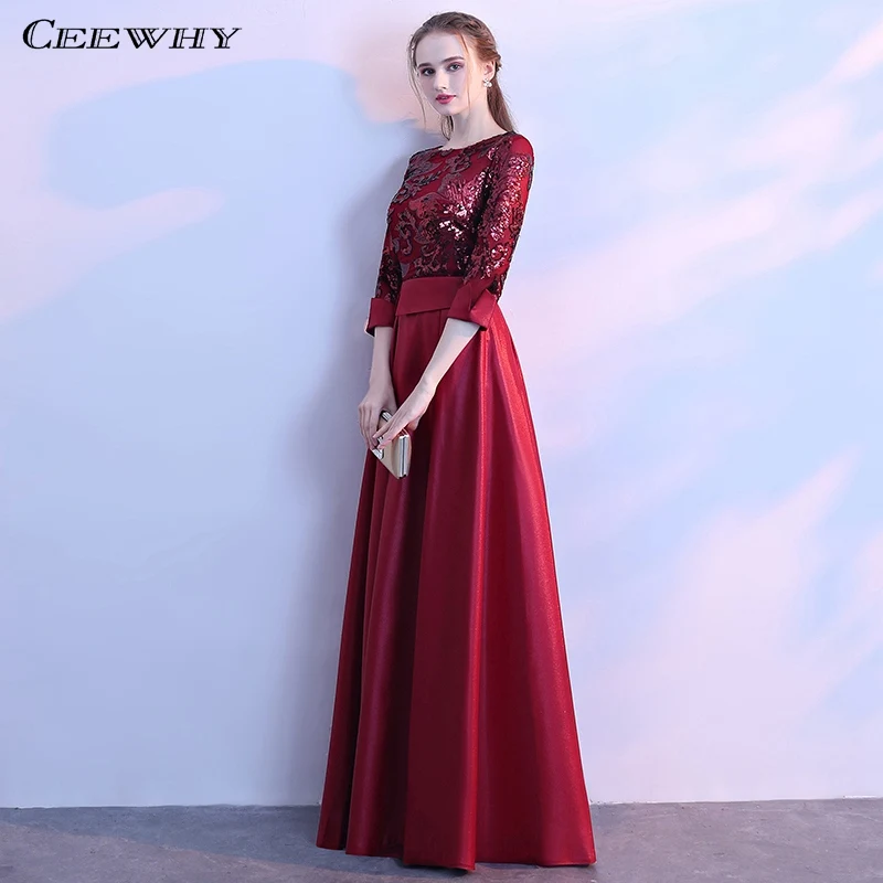 burgundy CEEWHY A-Line атласное арабское вечернее платье для мусульманских женщин плюс размер вечернее платье с пайетками полурукав вечернее платье длинный халат Longue - Цвет: burgundy