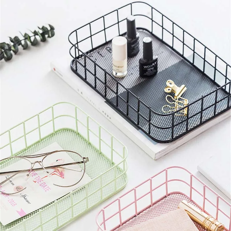 

Nordic Rectangle Metal Storage Basket Office Sundries Finishing Iron Baskets Nordic Dressing Table Cosmetics Organizer Basket