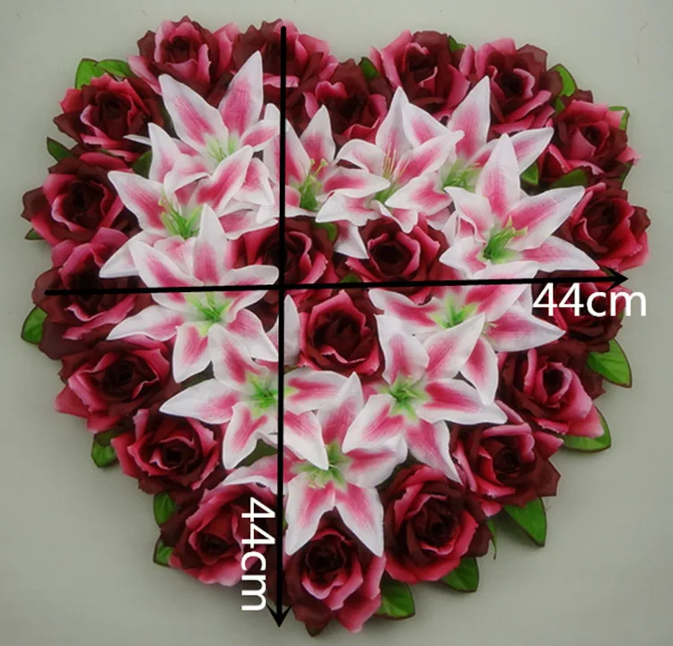 

44x44cm Heart Shaped Wedding Car Decoration Artificial Rose Flowers Wedding Wall Door Decoation Silk Lily Floral Decoration