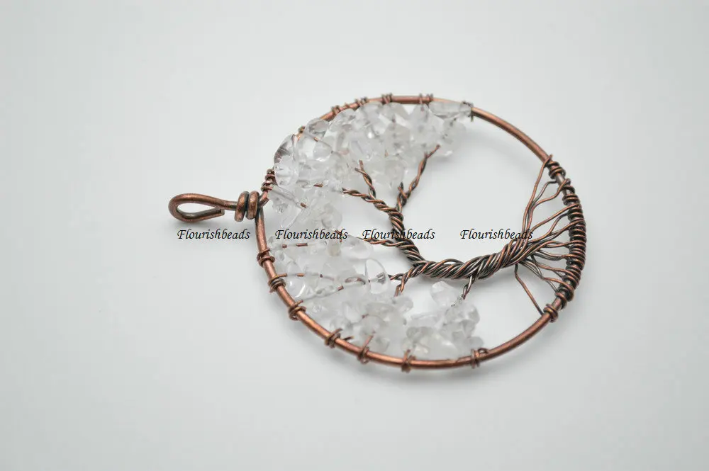 

Natural Clear Crystal Quartz Stone Chips Life Tree Shape Antique Copper Wire Wrapped Round Metal Pendant Fashion Woman Jewelry