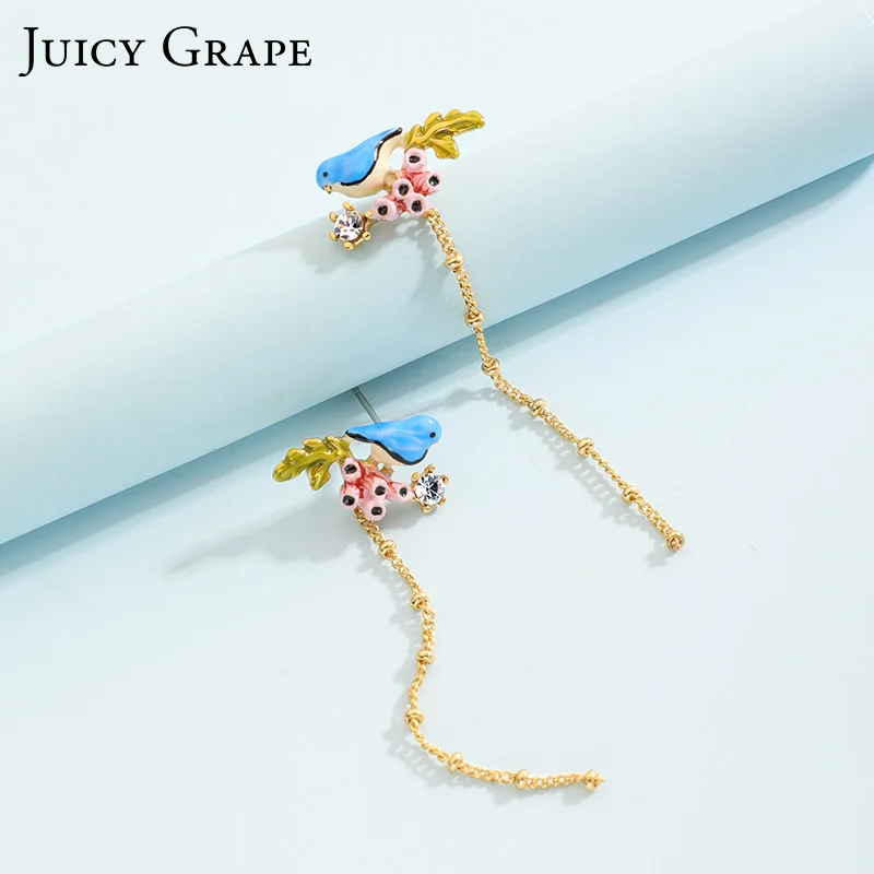 Juicy Grape Enamel Glaze Copper Gilded Spiral Earrings for Women Ear Hook Clip Blue Bird Animal Fashion Jewelry | Украшения и